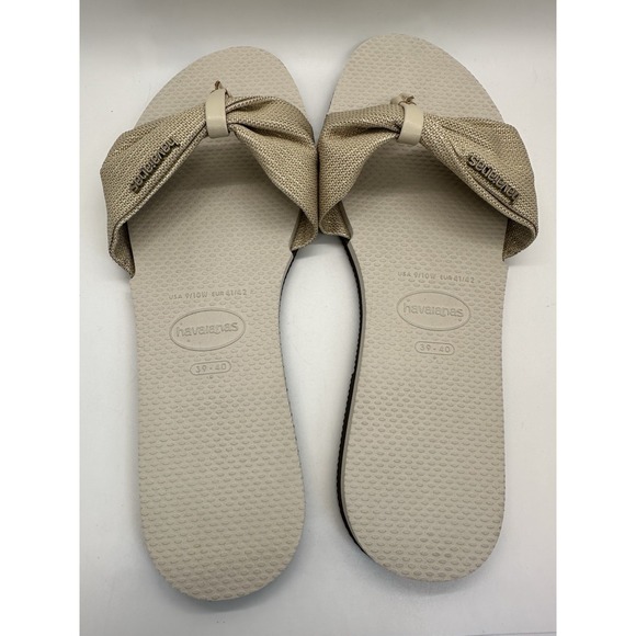 NEW Havaianas You St.‎ Tropez Shine Sandals Flip Flops Beige Gold Bow 9/10 - Picture 4 of 5